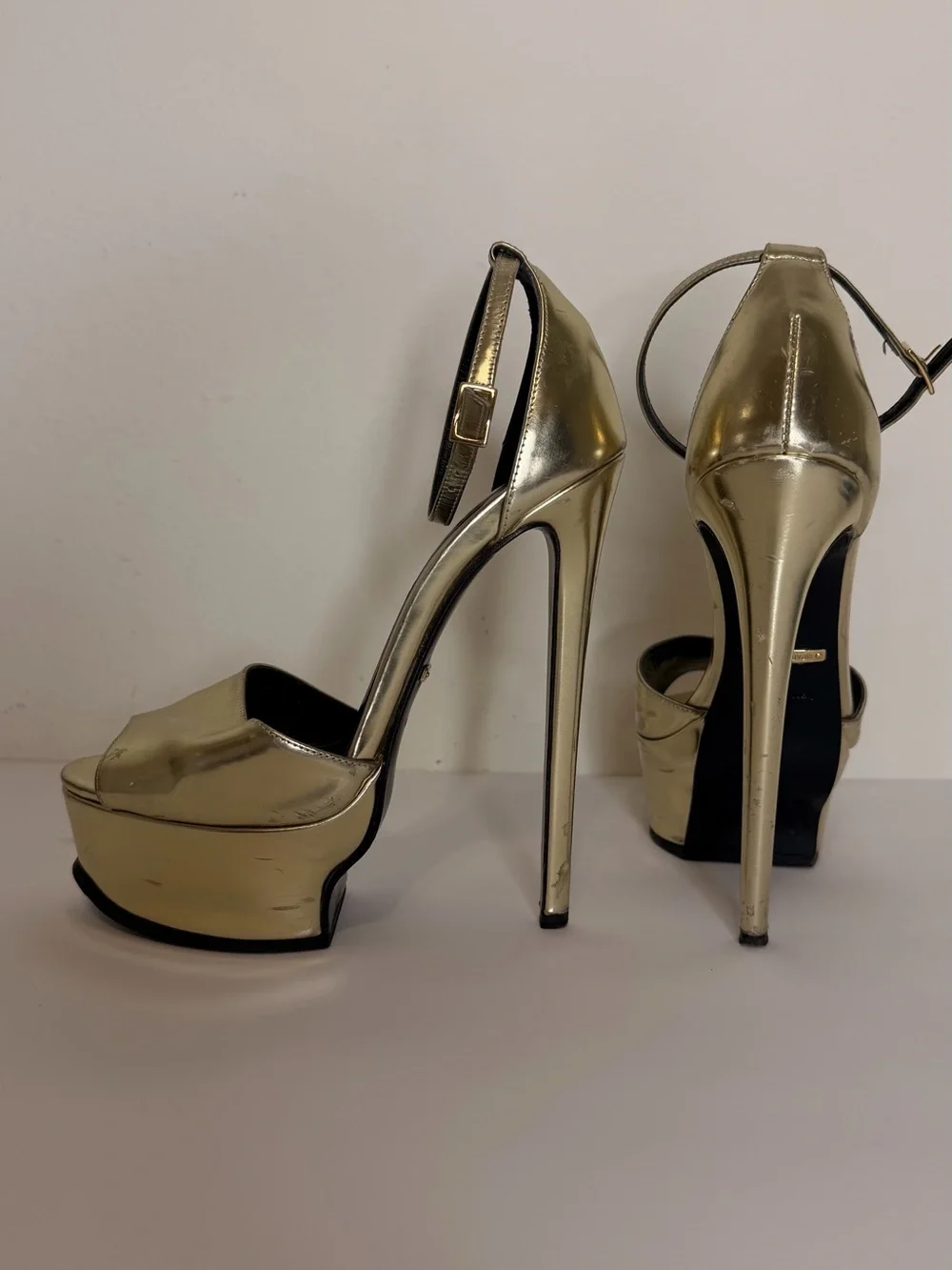Roberto Cavalli Metallic Gold Platform Stiletto Sandals with Ankle Strap